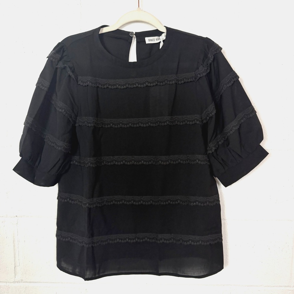 NWT Grace‎ Karin Top Black Scalloped Lace Puff Sleeves Dainty Office Feminine M